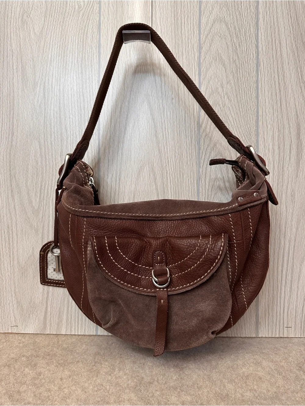 Fossil Vintage Y2K Brown Leather Suede Hobo Shoulder Bag Purse